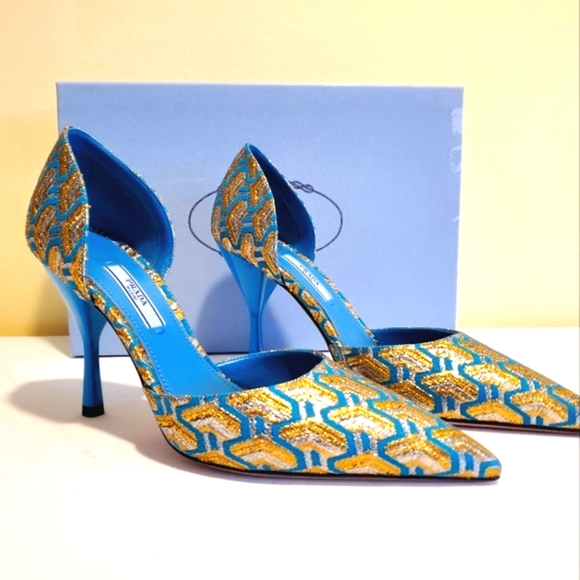 Prada Shoes - NWT $690 Prada Cloquet Twist Brocade Leather Blue Pumps Heels Sz 39.5, 9.5